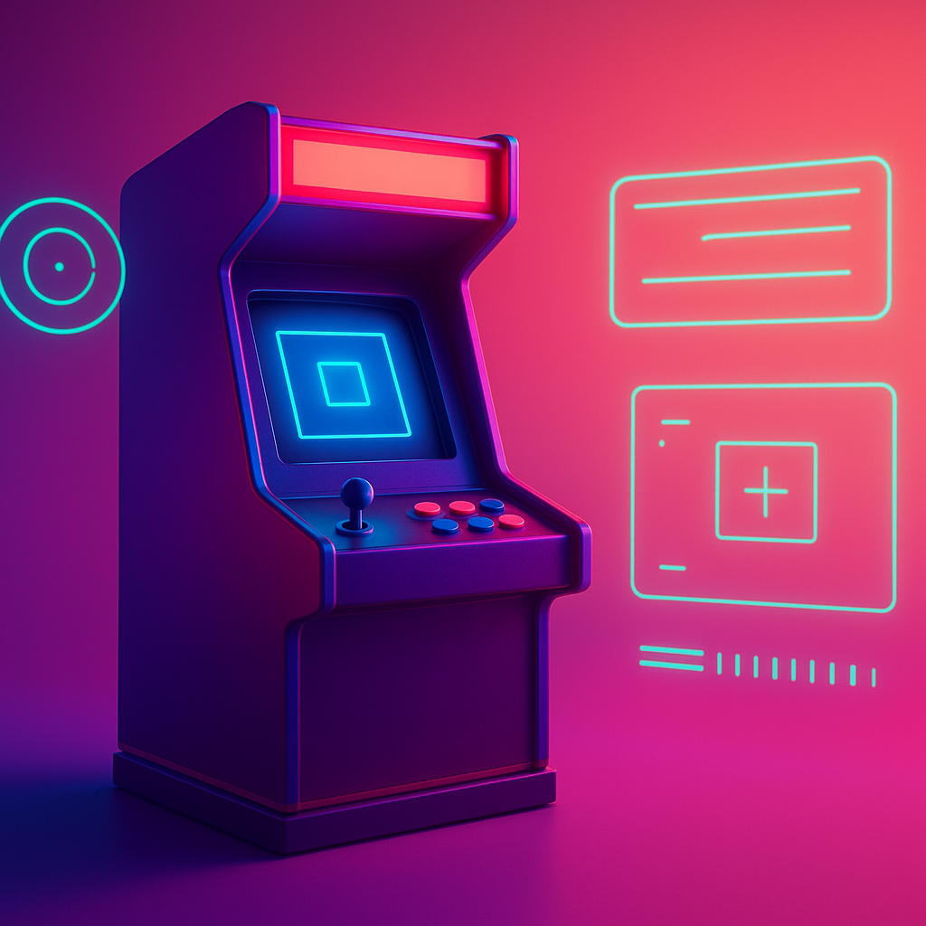 ArcadeForge hero: stylized neon arcade scene